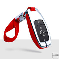 Aluminium, Alcantara Schlüssel Cover passend für Mercedes-Benz Schlüssel chrom/rot HEK31-M9-47