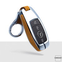 Aluminum, Alcantara/leather key fob cover case fit for Mercedes-Benz M9 remote key chrome/light brown