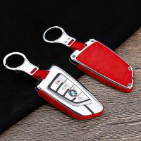 Aluminum, Alcantara/leather key fob cover case fit for BMW B6, B7 remote key chrome/red