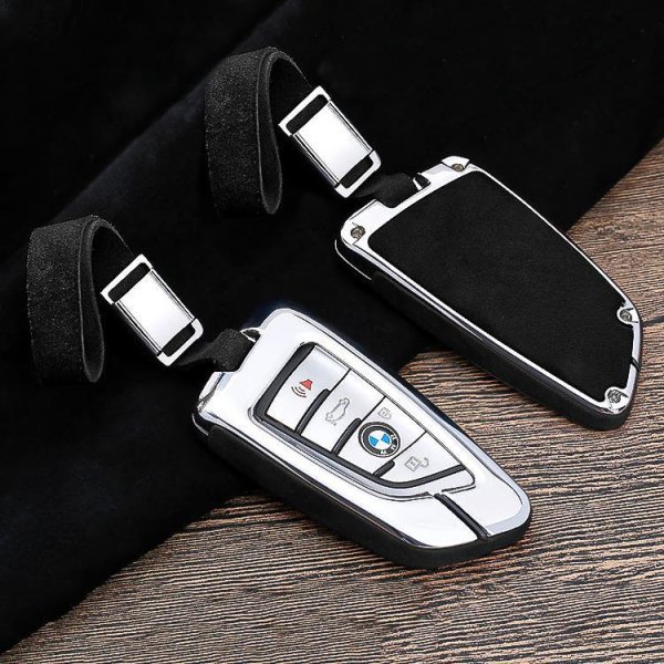 Aluminium, Alcantara Schlüssel Cover passend für BMW Schlüssel chrom/schwarz HEK31-B6-29