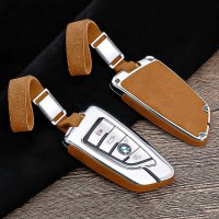 Aluminum, Alcantara/leather key fob cover case fit for BMW B6, B7 remote key chrome/light brown