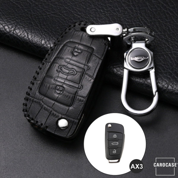 Leather key fob cover case fit for Audi AX3 remote key black/black