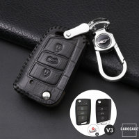 Leather key fob cover case fit for Volkswagen, Audi, Skoda, Seat V3, V3X remote key black/black