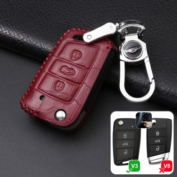 Leather key fob cover case fit for Volkswagen, Audi, Skoda, Seat V3, V3X remote key wine red