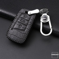 Leather key fob cover case fit for Volkswagen, Skoda, Seat V4 remote key black/black