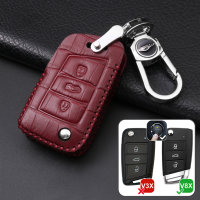 Leather key fob cover case fit for Volkswagen V8X remote key wine red