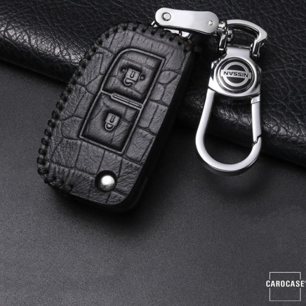 KROKO Leder Schlüssel Cover passend für Nissan Schlüssel schwarz/schwarz LEK44-N1