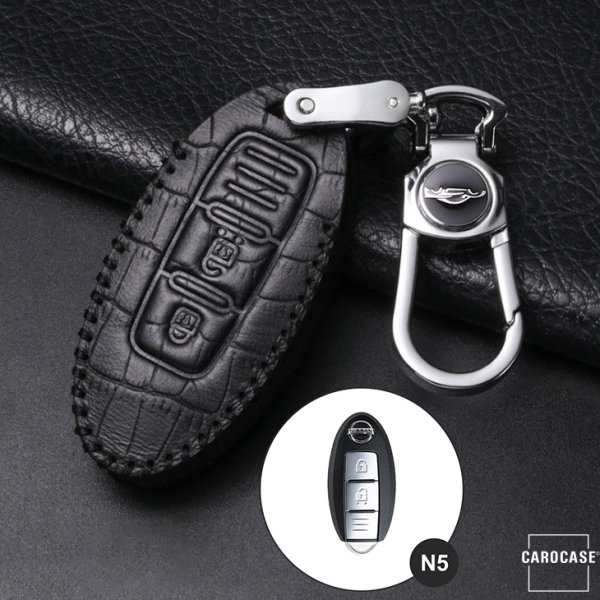 Coque de protection en cuir pour voiture Nissan clé télécommande N5 noir/noir