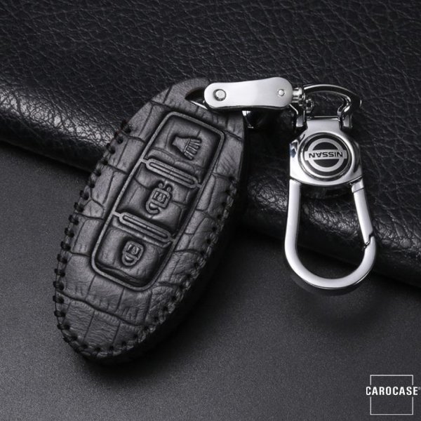 Coque de protection en cuir pour voiture Nissan clé télécommande N7 noir/noir