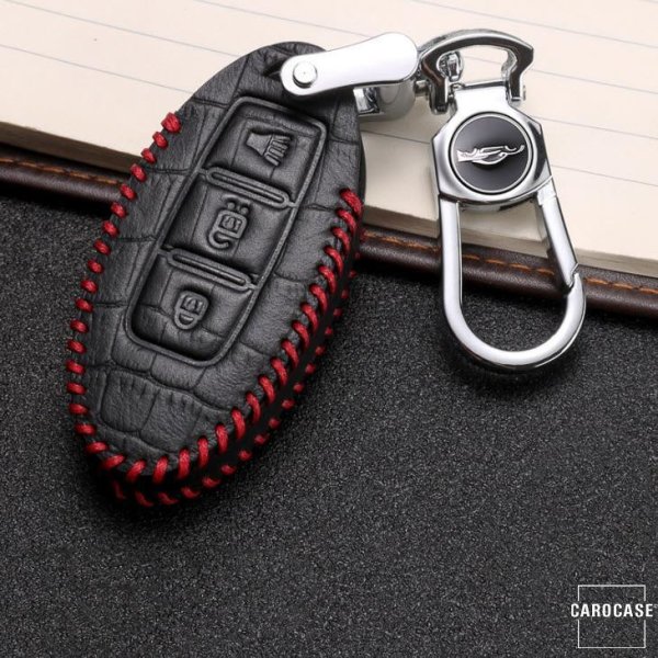 Leather key fob cover case fit for Nissan N7 remote key black/red