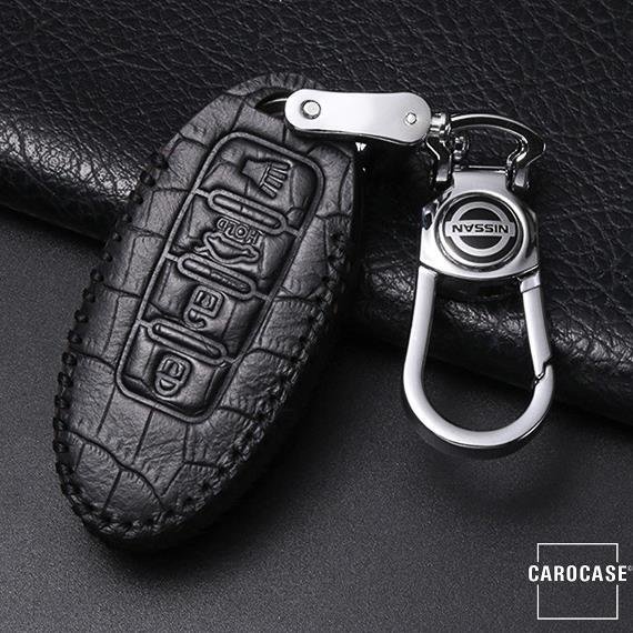 KROKO Leder Schlüssel Cover passend für Nissan Schlüssel schwarz/schwarz LEK44-N8