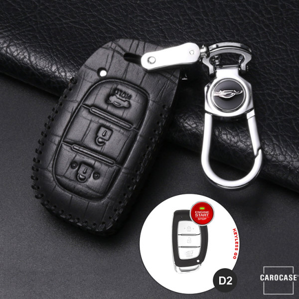 Leather key fob cover case fit for Hyundai D2 remote key black/black