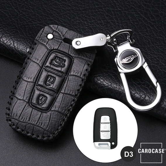 Coque de protection en cuir pour voiture Hyundai clé télécommande D3 noir/noir