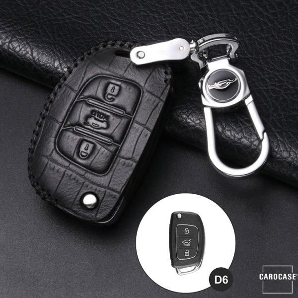 Leather key fob cover case fit for Hyundai D6 remote key black/black
