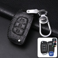 Coque de protection en cuir pour voiture Hyundai clé télécommande D7 noir/noir