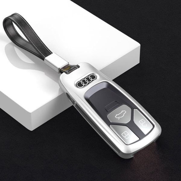 Alu Schlüssel Cover für Audi Schlüssel inkl. Lederband silber HEK34-AX6-15