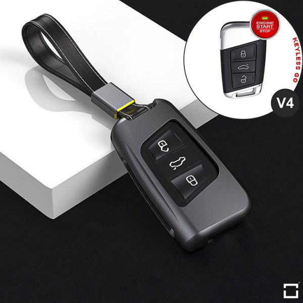 Alu Schlüssel Cover für Volkswagen, Skoda, Seat Schlüssel inkl. Lederband anthrazit HEK34-V4-37