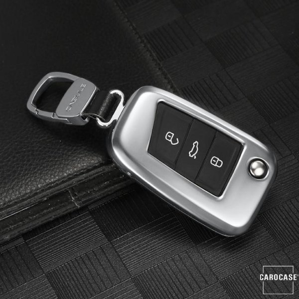 PREMIUM Alu Schlüssel Etui passend für Volkswagen, Audi, Skoda, Seat Autoschlüssel silber HEK12-V3-15