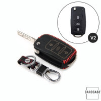 Cuero funda para llave de Volkswagen, Skoda, Seat V2 negro/rojo