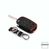 Leather key fob cover case fit for Volkswagen, Skoda, Seat V2 remote key black/red