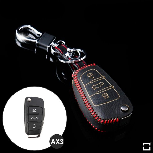 Premium Leder Schlüsselhülle / Schutzhülle (LEK37) passend für Audi Schlüssel - schwarz/rot