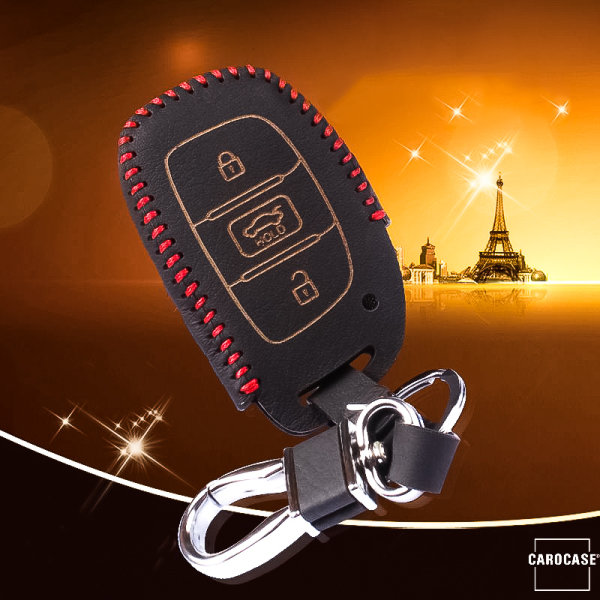 Leather key fob cover case fit for Hyundai D1 remote key black/red