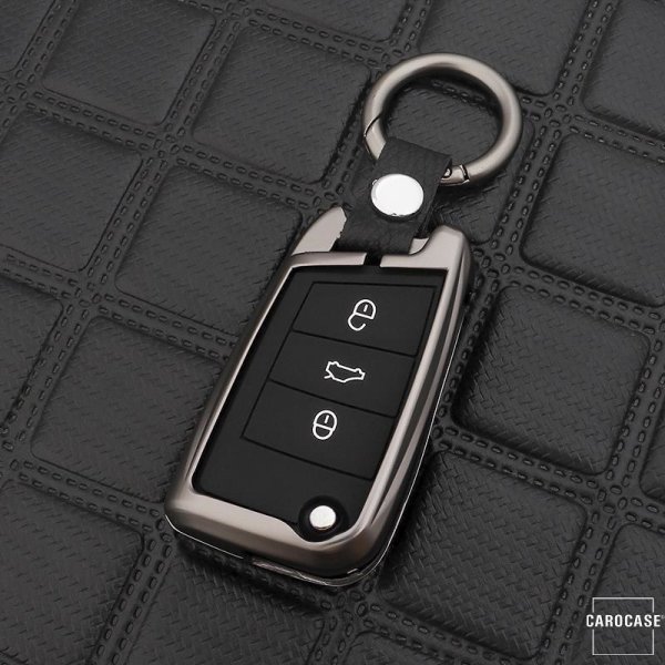 Alu Schlüssel Cover mit Silikon Tastenabdeckung passend für Volkswagen, Audi, Skoda, Seat Autoschlüssel anthrazit HEK37-V3-37