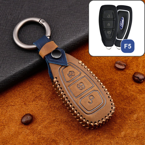 Premium Leather key fob cover case fit for Ford F5 remote key brown