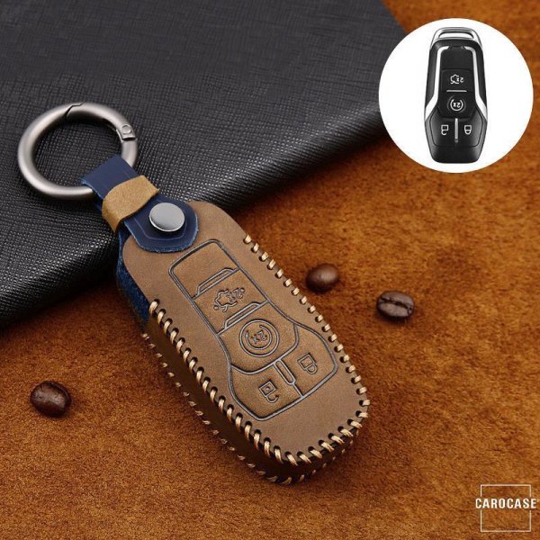 Premium Leather key fob cover case fit for Ford F7 remote key blue