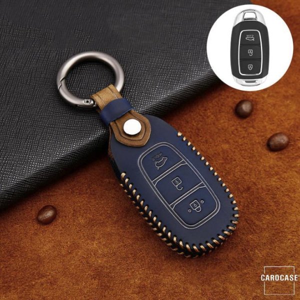 Premium Leder Cover passend für Hyundai Schlüssel + Anhänger blau LEK60-D9-4