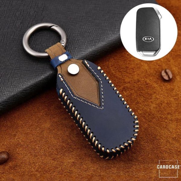 Coque de protection en cuir de première qualité pour voiture Kia clé télécommande K8 bleu