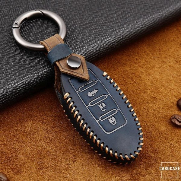 Premium Leather key fob cover case fit for Nissan N8 remote key blue