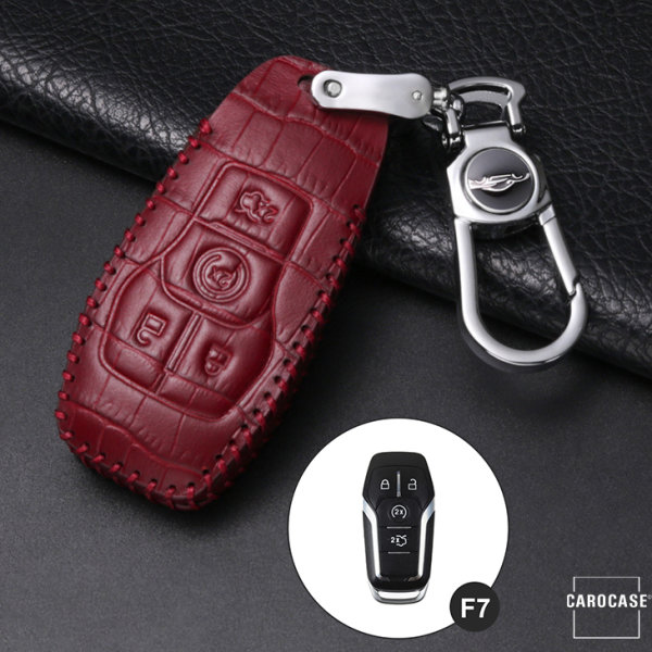 Leather key fob cover case fit for Ford F7 remote key wine red