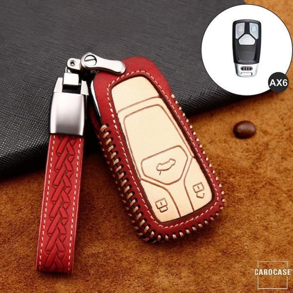 Premium Leder Cover passend für Audi Autoschlüssel inkl. Lederband und Karabiner rot LEK31-AX6-3