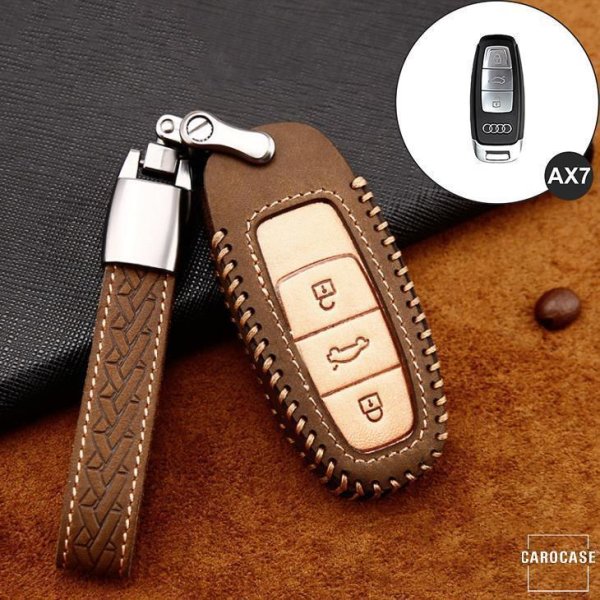Premium Leather key fob cover case fit for Audi AX7 remote key brown