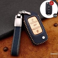 Premium Leather key fob cover case fit for Volkswagen, Skoda, Seat V2X remote key blue