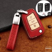 Premium Leder Cover passend für Volkswagen, Skoda, Seat Autoschlüssel inkl. Lederband und Karabiner rot LEK31-V3-3