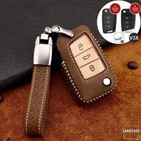 Premium Leather key fob cover case fit for Volkswagen, Skoda, Seat V3X remote key brown