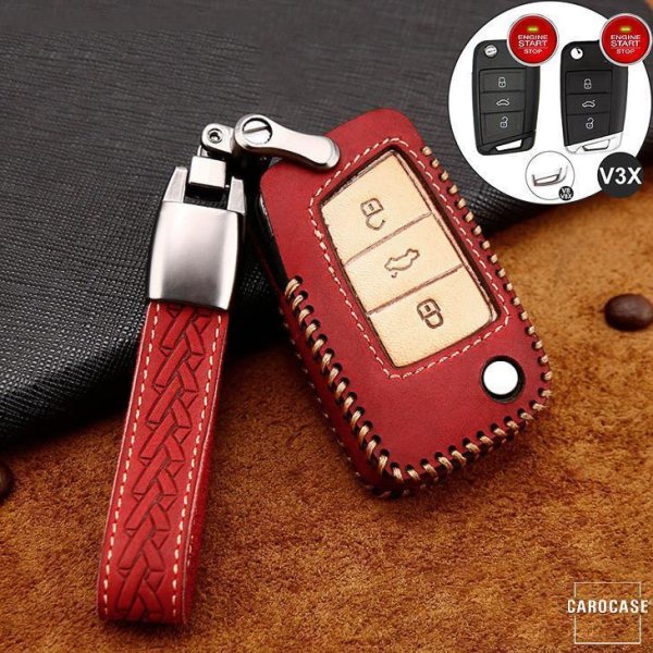Premium Leather key fob cover case fit for Volkswagen, Skoda, Seat V3X remote key red