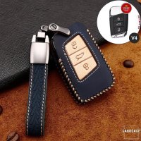 Premium Leder Cover passend für Volkswagen, Skoda, Seat Autoschlüssel inkl. Lederband und Karabiner blau LEK31-V4-4
