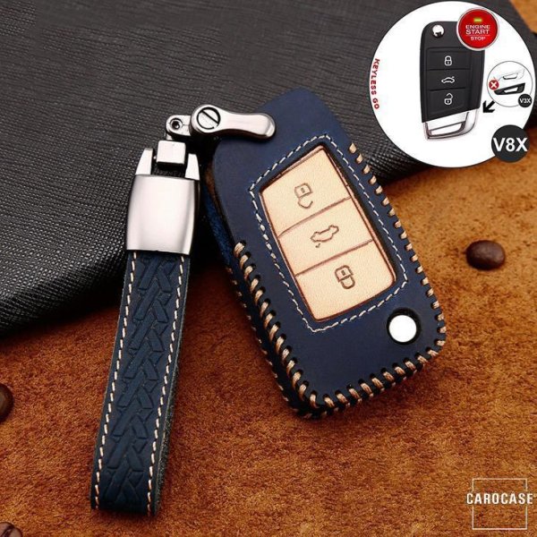 Premium Leather key fob cover case fit for Volkswagen, Skoda, Seat V8X remote key blue