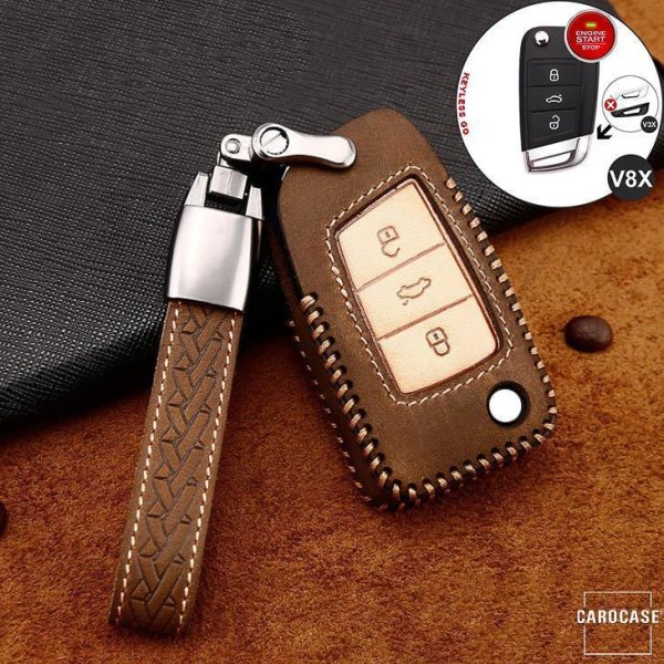 Premium Leather key fob cover case fit for Volkswagen, Skoda, Seat V8X remote key brown