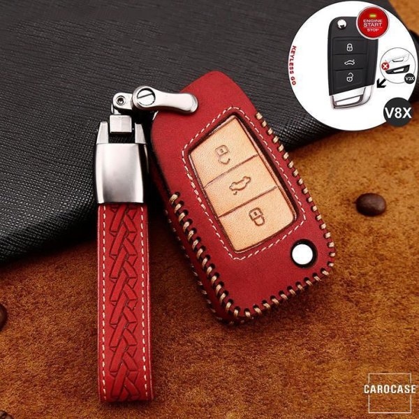 Premium Leather key fob cover case fit for Volkswagen, Skoda, Seat V8X remote key red
