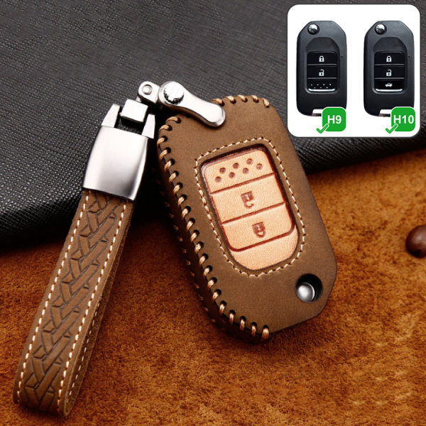 Premium Leather key fob cover case fit for Honda H9 remote key brown