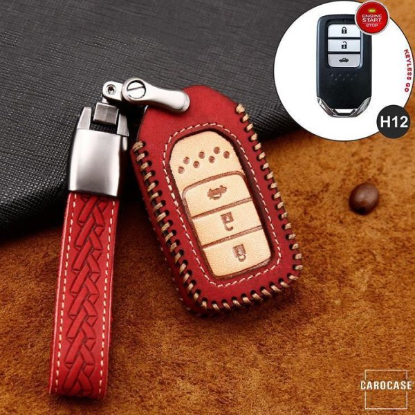 Premium Leder Cover passend für Honda Autoschlüssel inkl. Lederband und Karabiner rot LEK31-H12-3