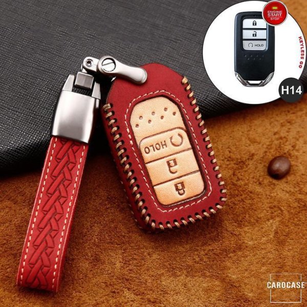 Premium Leder Cover passend für Honda Autoschlüssel inkl. Lederband und Karabiner rot LEK31-H14-3