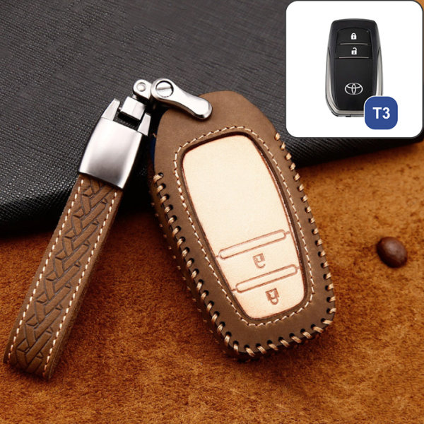 Premium Leather key fob cover case fit for Toyota T3 remote key brown