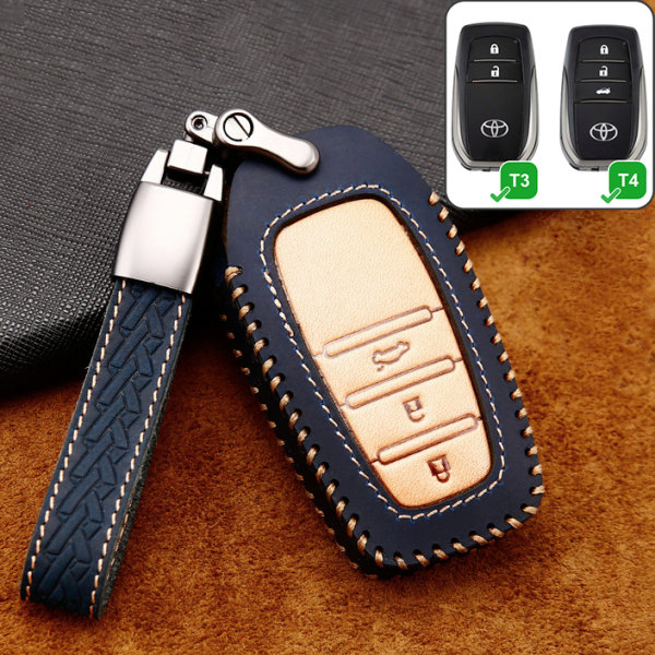 Premium Leather key fob cover case fit for Toyota T4 remote key blue
