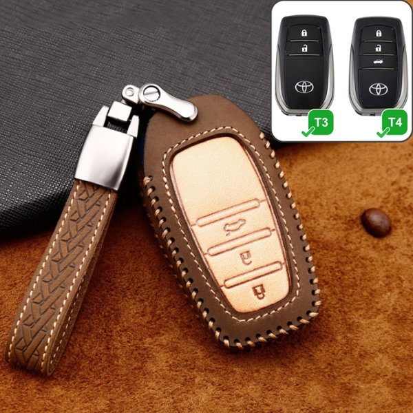 Premium Leather key fob cover case fit for Toyota T4 remote key brown
