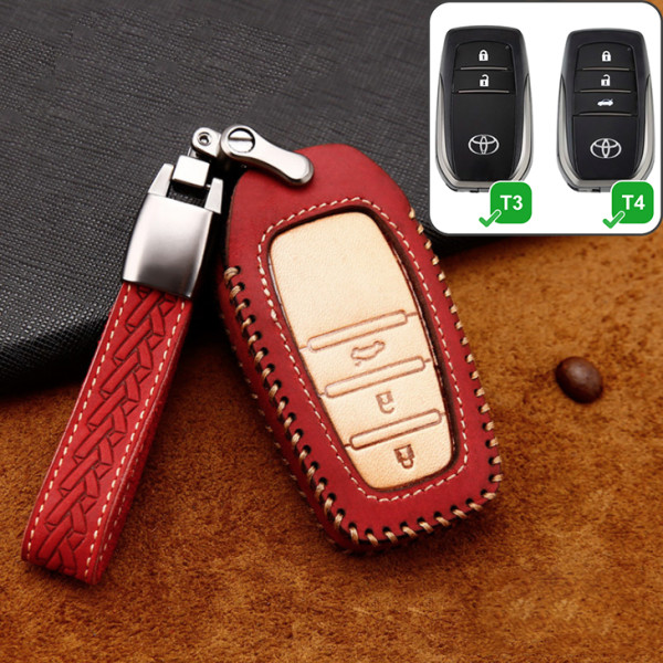 Premium Leder Cover passend für Toyota Autoschlüssel inkl. Lederband und Karabiner rot LEK31-T4-3